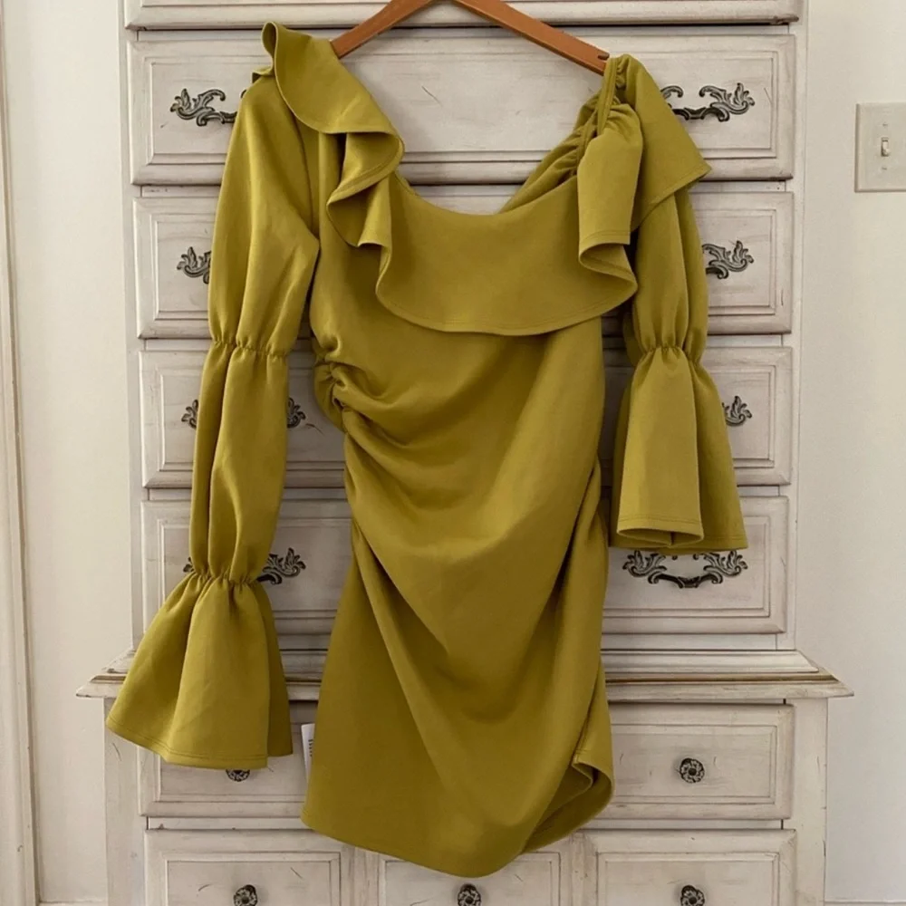 ASOS Chartreuse Ruffle Ruched Dress - Picture 4 of 8